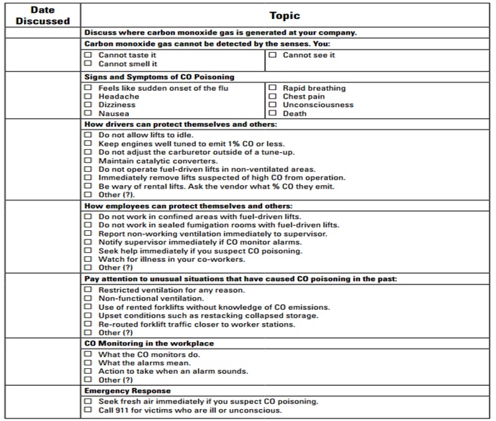 Carbon Monoxide (CO) Employee Training Checklist SafetyNow ILT